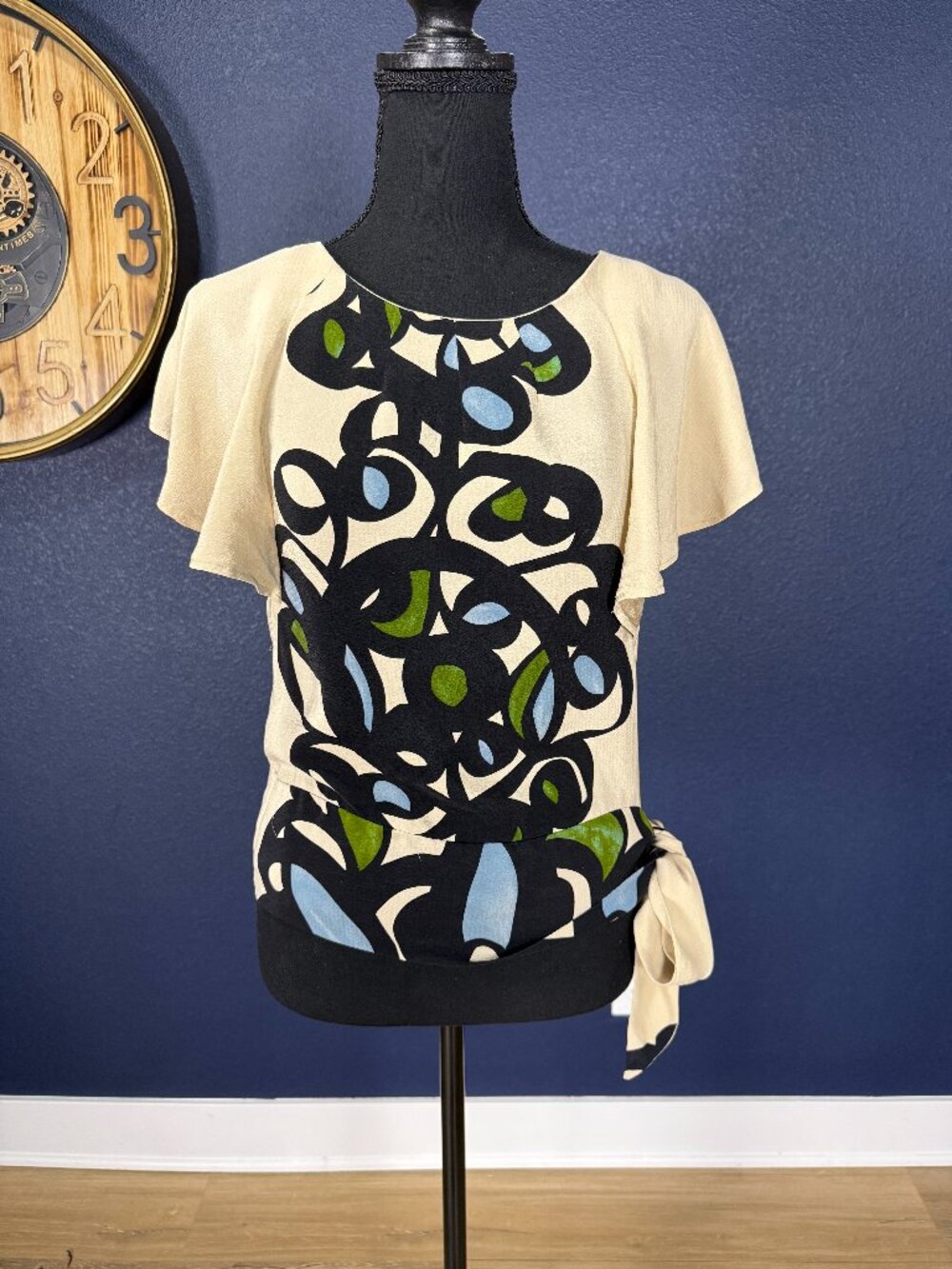 Leifsdottir Anthropologie Cream Black Abstract Print Tie Waist Top | 2